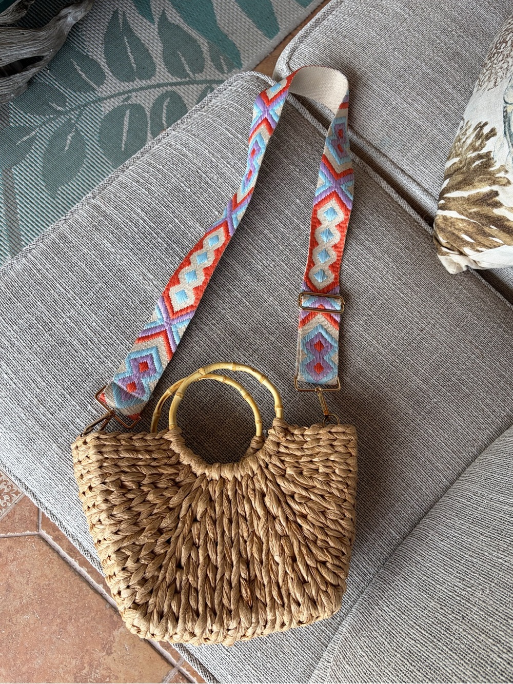 Woven Tan Straw Crossbody Bag with Colorful Embroidered Strap